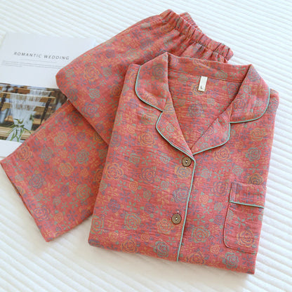 Brighthowl Rose Flower Cotton Lapel Nightwear Set