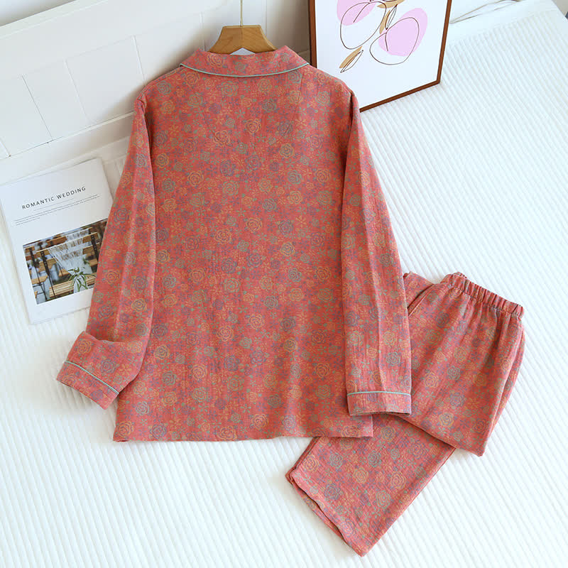 Brighthowl Rose Flower Cotton Lapel Nightwear Set
