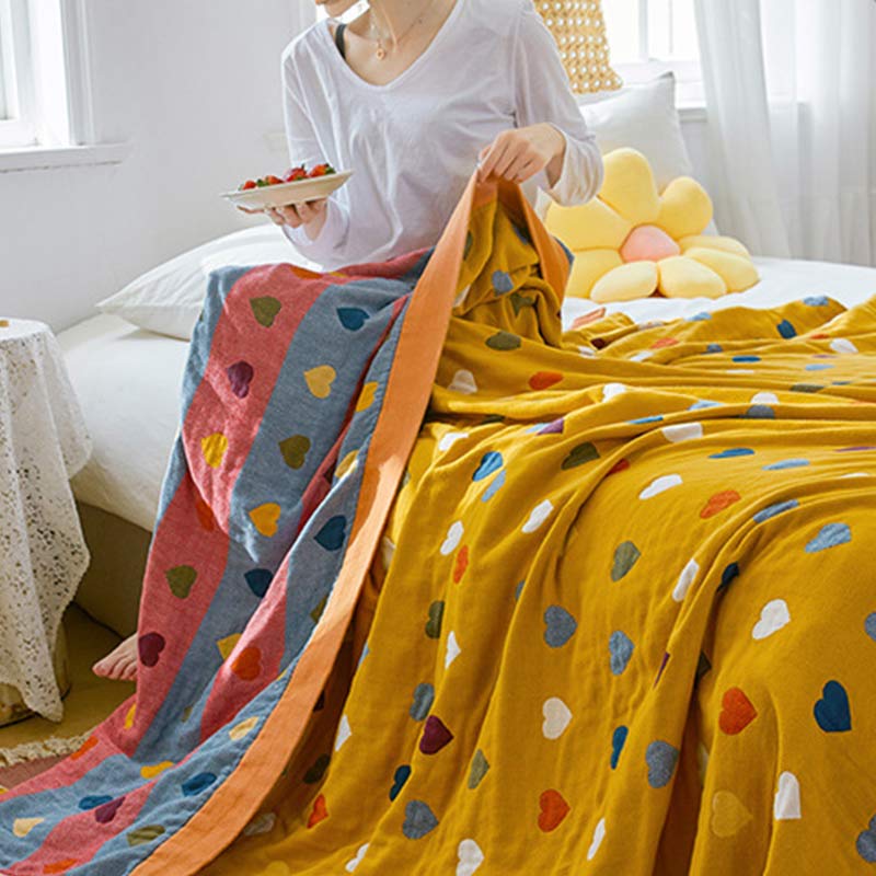 Brighthowl Colorful Hearts Cotton Gauze Reversible Quilt